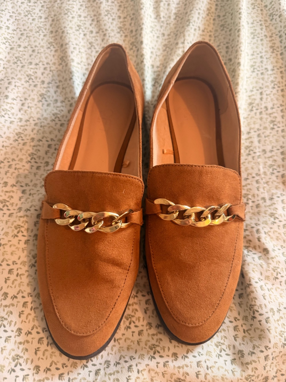 LOFT Cognac Suede Loafers with Gold Chain Trim